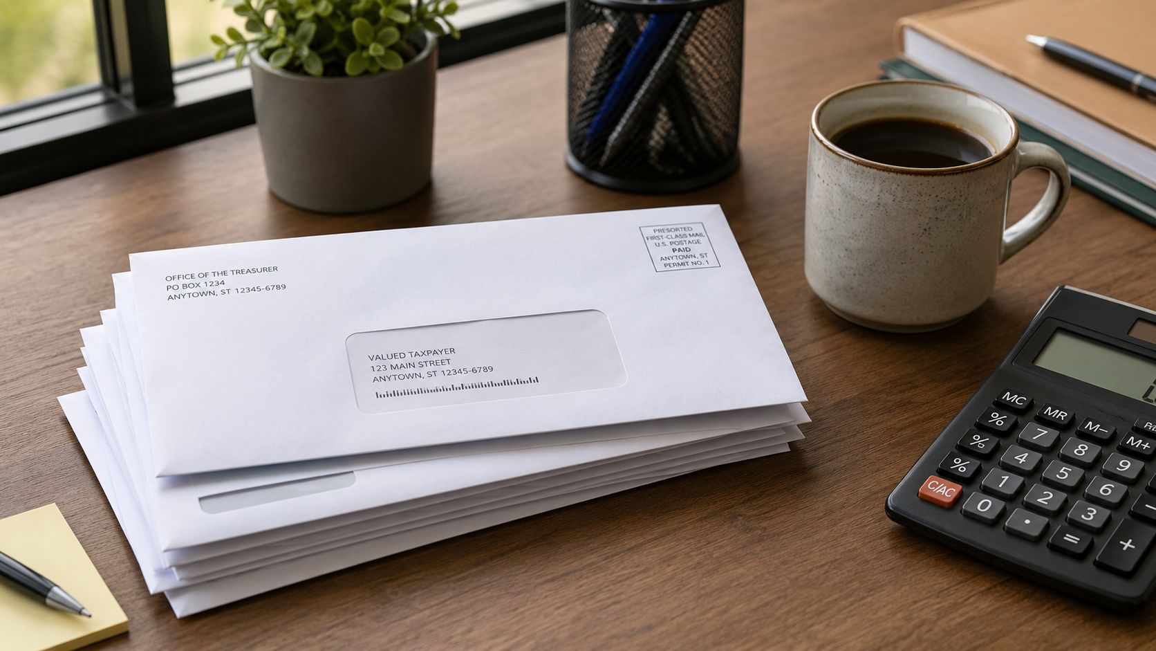 A stack of HMRC correspondence and a calculator on a desk